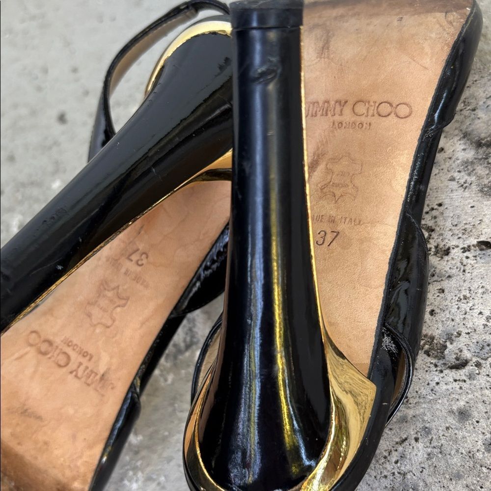 Jimmy Choo Black Patent Leather Slingback Heels with Gold Metallic Heel - Picture 6 of 9